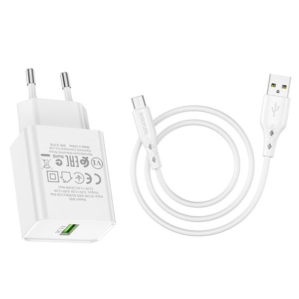 Сетевая зарядка Borofone BN5 18W USB-A + USB-A to MicroUSB cable 1.0m белая — изображение 2