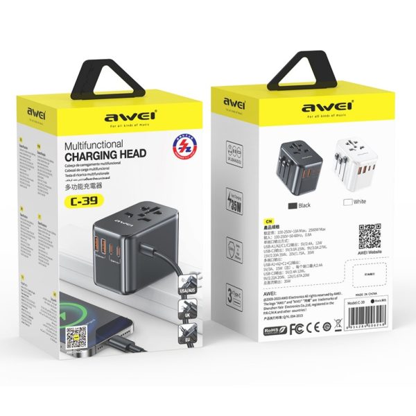 Универсальное зарядное устройство для путешествий Awei C-39 35W GaN 2xUSB-A/3xUSB-C черный — изображение 2