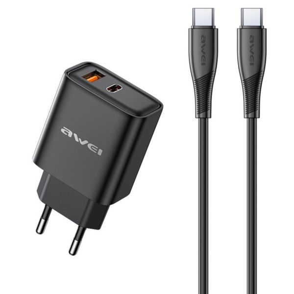 Сетевая зарядка Awei PD81C-EU 22.5W USB-A/USB-C + USB-C to USB-C cable 1.0m черная