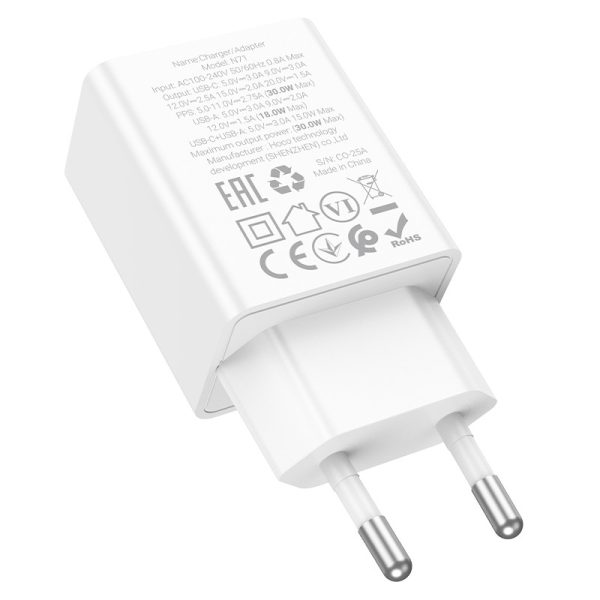 Сетевая зарядка Hoco N71 30W GaN USB-C/USB-A белая — изображение 2