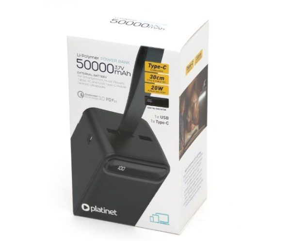 Внешний аккумулятор POWER BANK PLATINET 50000mAh (1xUSB; 1xType-C; QC3.0 20W) черный