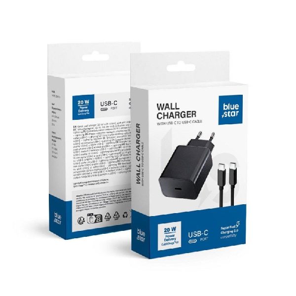 Сетевая зарядка Blue Star (TFB-TC-20W) + "USB-C (Type-C) to "USB-C (Type-C)" (1xUSB-C 20W) черная