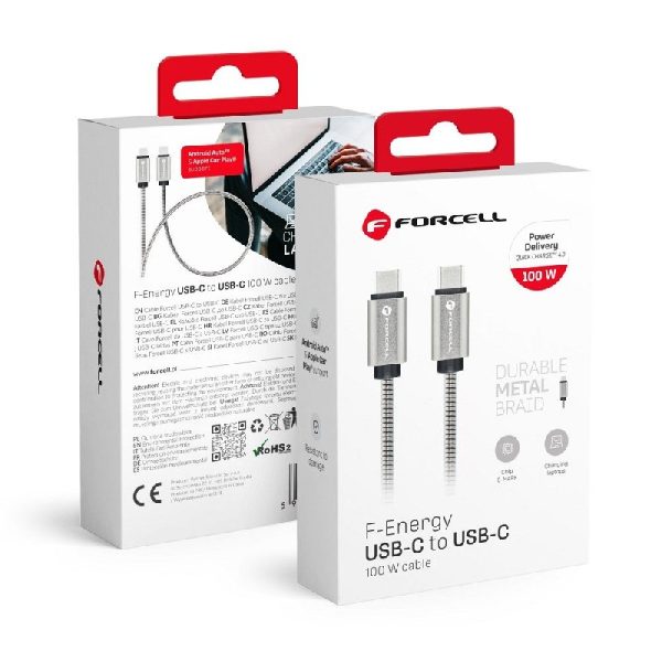 USB кабель Forcell (C239) "USB-C (Type-C) to USB-C (Type-C)" (100W 5A) серебряный 1M