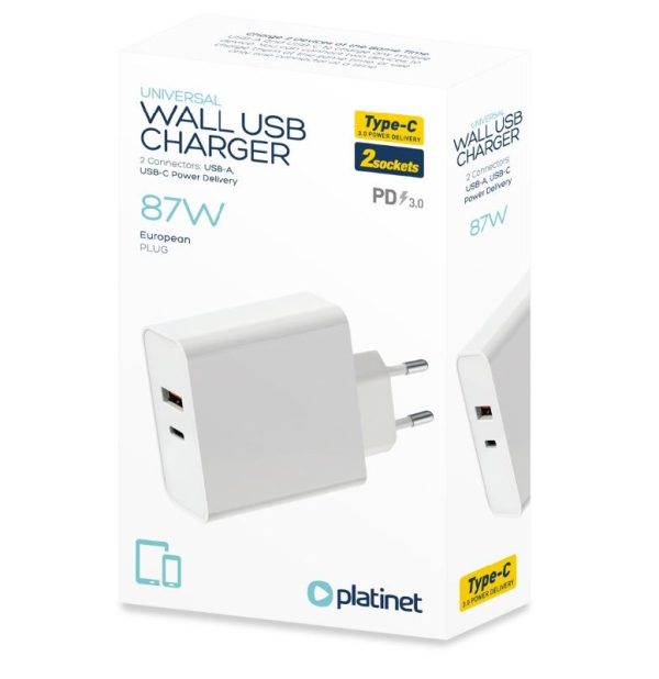 Сетевая зарядка Platinet (PLCUPD87W) (1xUSB-C; 1xUSB) 87W белая