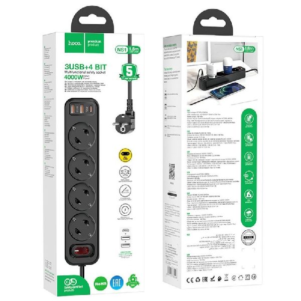 Сетевая зарядка-удлинитель HOCO NS1 (2xUSB; 1xUSB-C; 4xEU socket; 3A 20W) черная