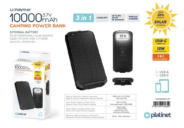 Внешний аккумулятор POWER BANK PLATINET SOLAR 10000mAh (2xUSB; 1xUSB-C; 3A) черного цвета