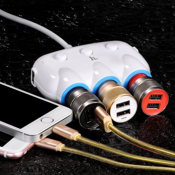 Car socket splitter Hoco C1 with 2 USB port and 3x3.(3.1A) plugs - Image 4