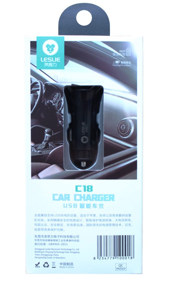 Car charger Leslie C18 with 2 USB 2.4A (1A+2A) black - Image 2