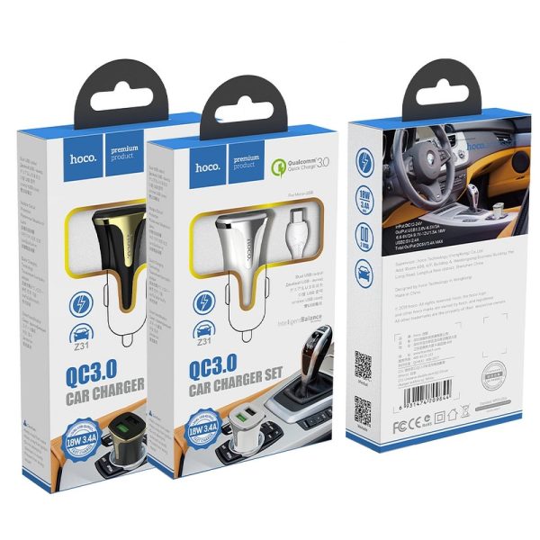 Car charger Hoco Z31 Quick Charge 3.0 (3.4A) with 2 USB connectors + microUSB white - Image 4
