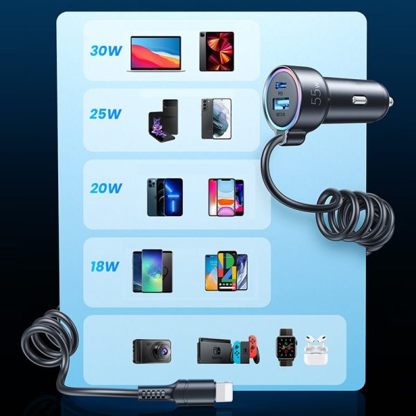 Car charger Joyroom JR-CL07 3-in-1 USB/Type-C 55W + Type-C 1.5m black - Image 3