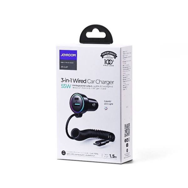 Car charger Joyroom JR-CL07 3-in-1 USB/Type-C 55W + Type-C 1.5m black - Image 4