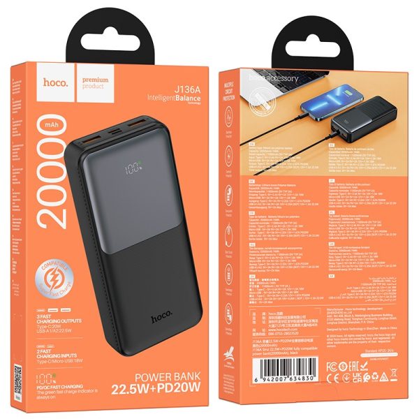External battery Power Bank Hoco J136A 22.5W+PD20W 20000mAh black - Image 4