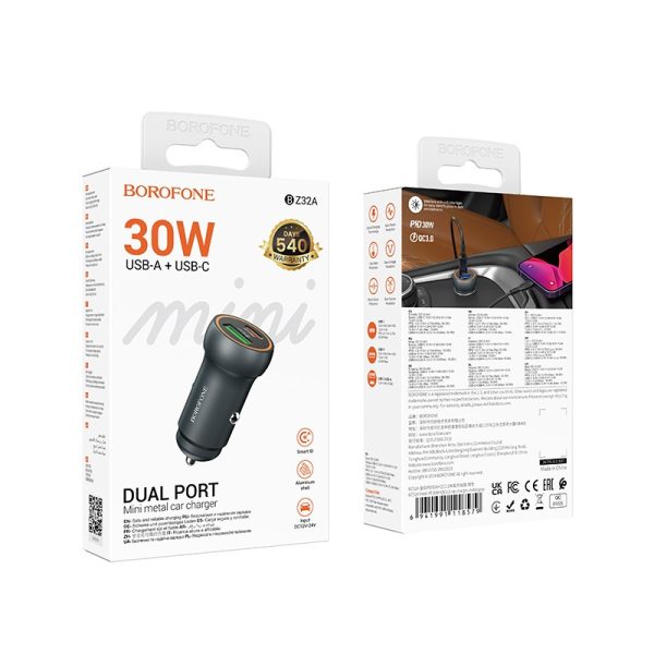 Car charger Borofone BZ32A USB-C/USB-A 30W grey - Image 4
