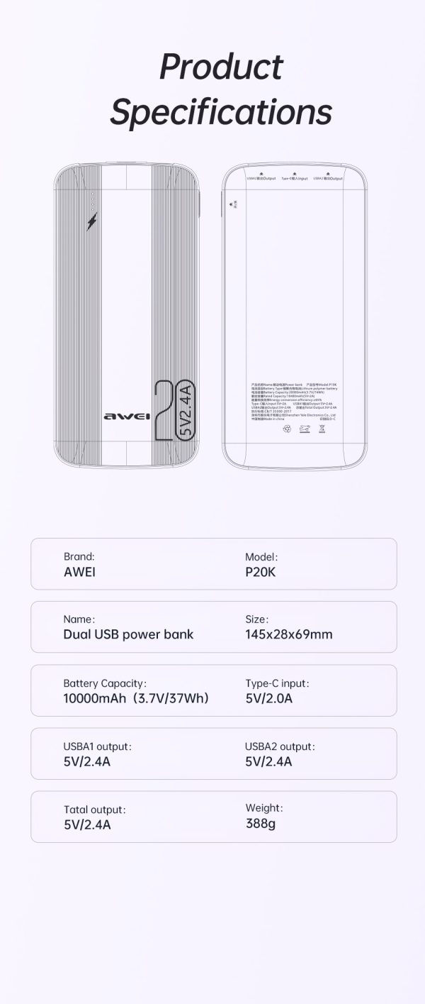 Внешний аккумулятор Power Bank Awei P19K 5V/2.4A 20000mAh черный — изображение 4