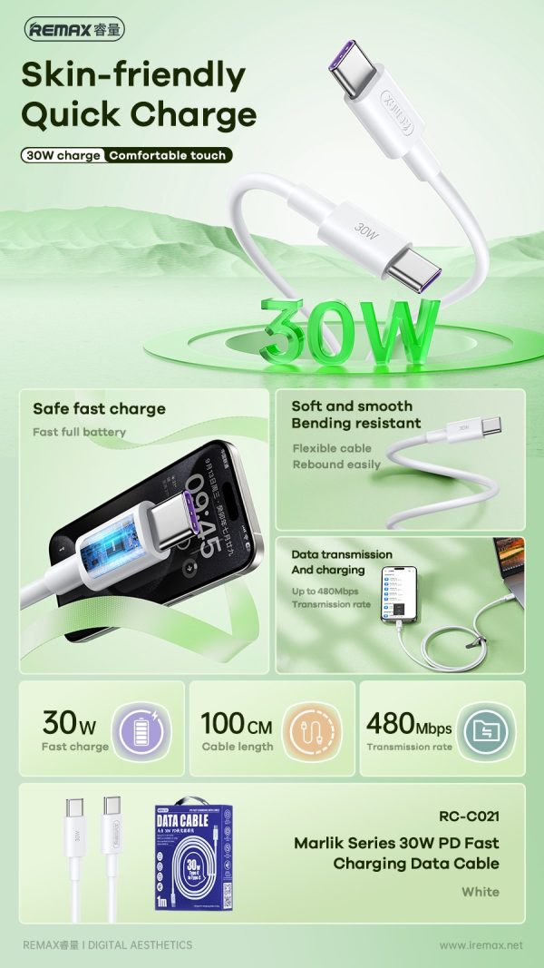 USB кабель Remax RC-C021 USB-C to USB-C 30W 1.0m белый — изображение 2