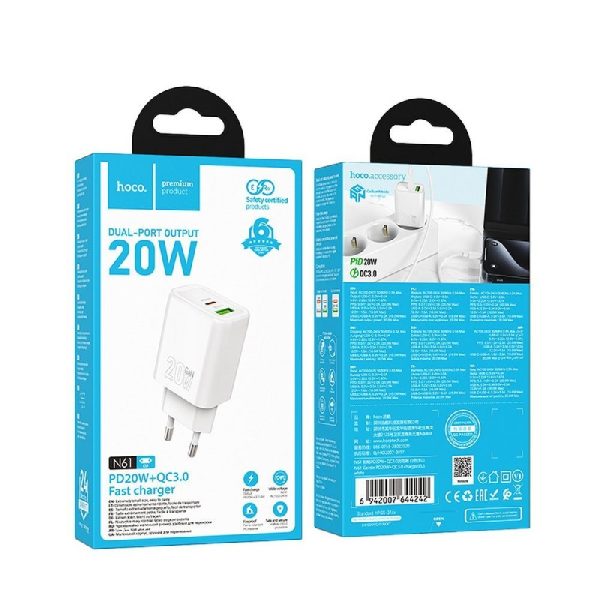 Сетевая зарядка HOCO N61 (1xUSB-C;1xUSB 20W) белый