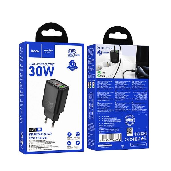 Сетевая зарядка HOCO N63 (1xUSB-C;1xUSB 30W) черная