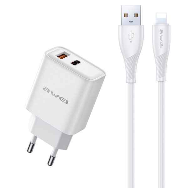 Сетевая зарядка Awei PD81L-EU 22.5W USB-A/USB-C + USB to Lightning cable 1.0m белая